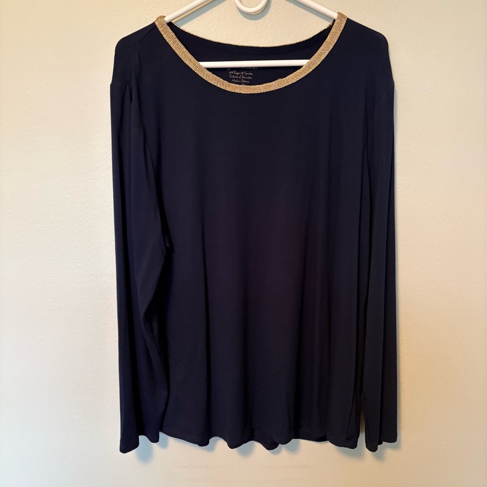 Chico's Navy Long Sleeve Top with Gold Accent